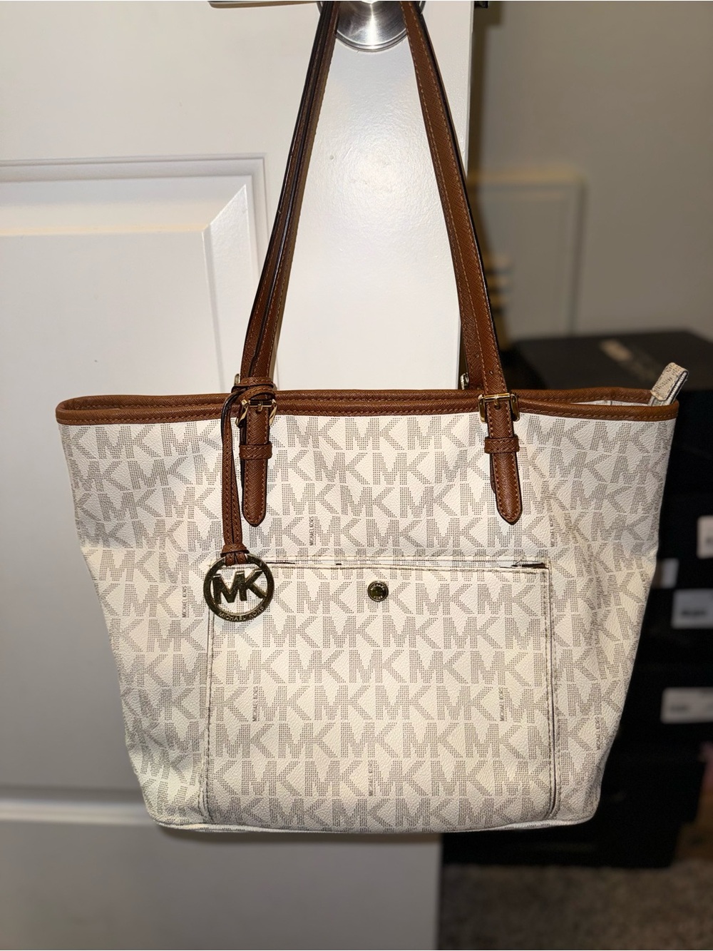 Michael Kors Ivory MK Logo Tote with Brown Trim